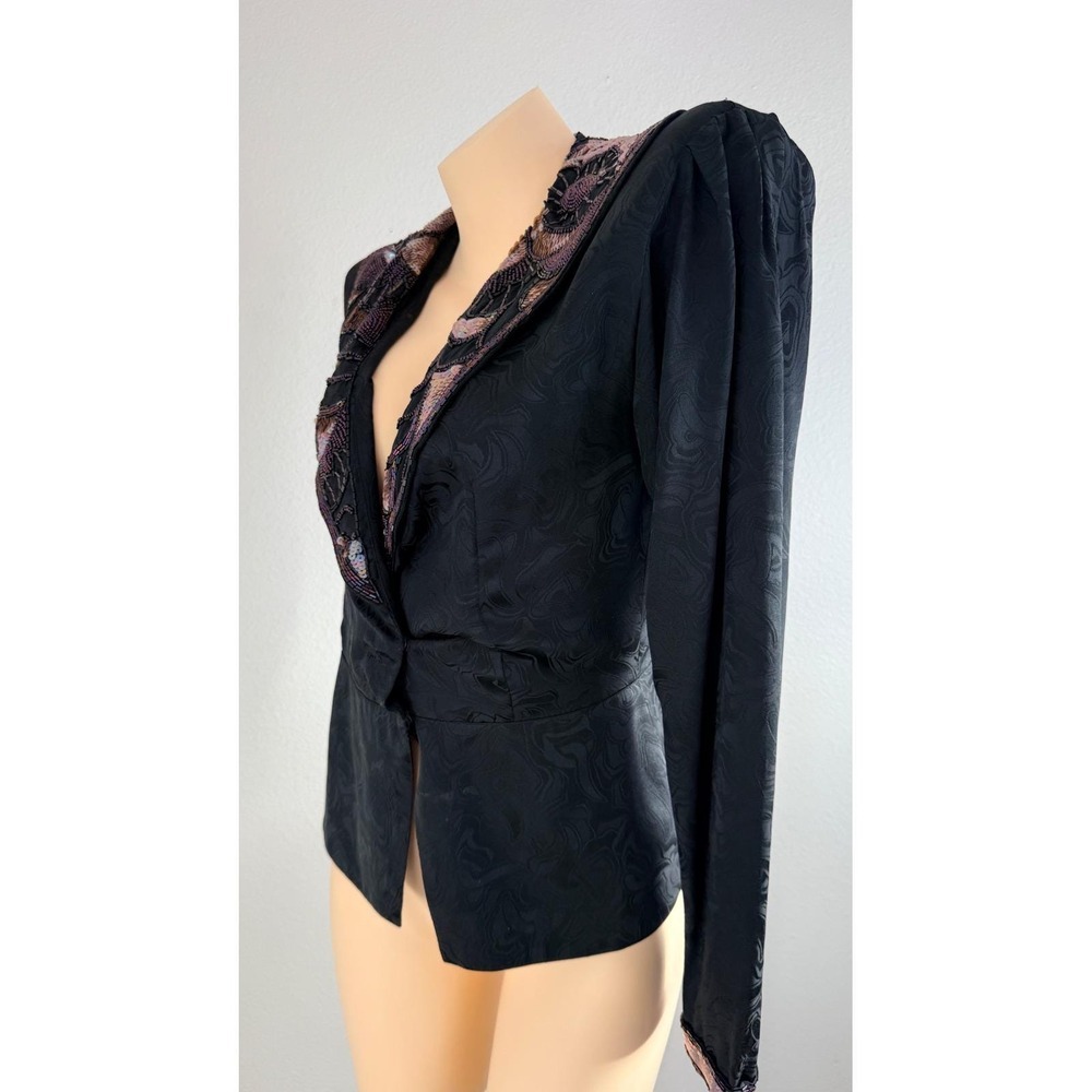 Vintage Silk Beaded Sequin Jacquard Evening Blazer Black Long Sleeve Jacket - Picture 6 of 14